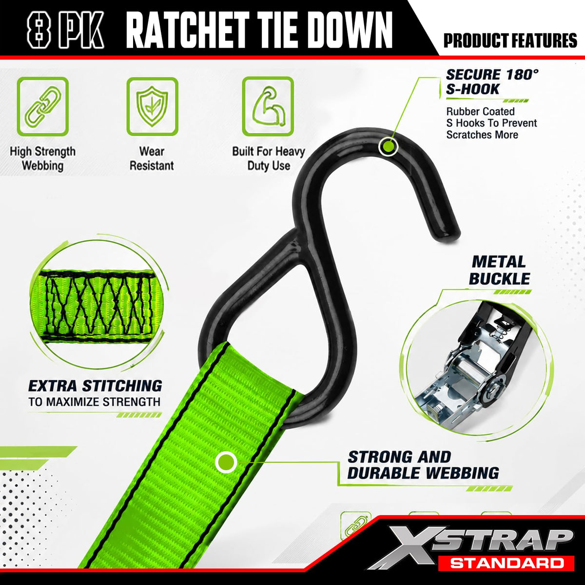XSTRAP STANDARD 8-PK Ratchet Tie Down Straps, 1" x 10FT Cargo Straps, Black