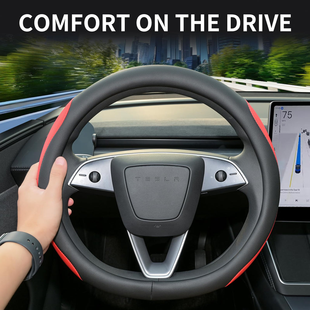 Uxcer Nappa Leather Steering Wheel Cover Compatible with Tesla Model 3/Y 2016-2025 2026 Juniper/Highland, Non-Slip Breathable Model 3/Y Steering Wheel Protector, Black