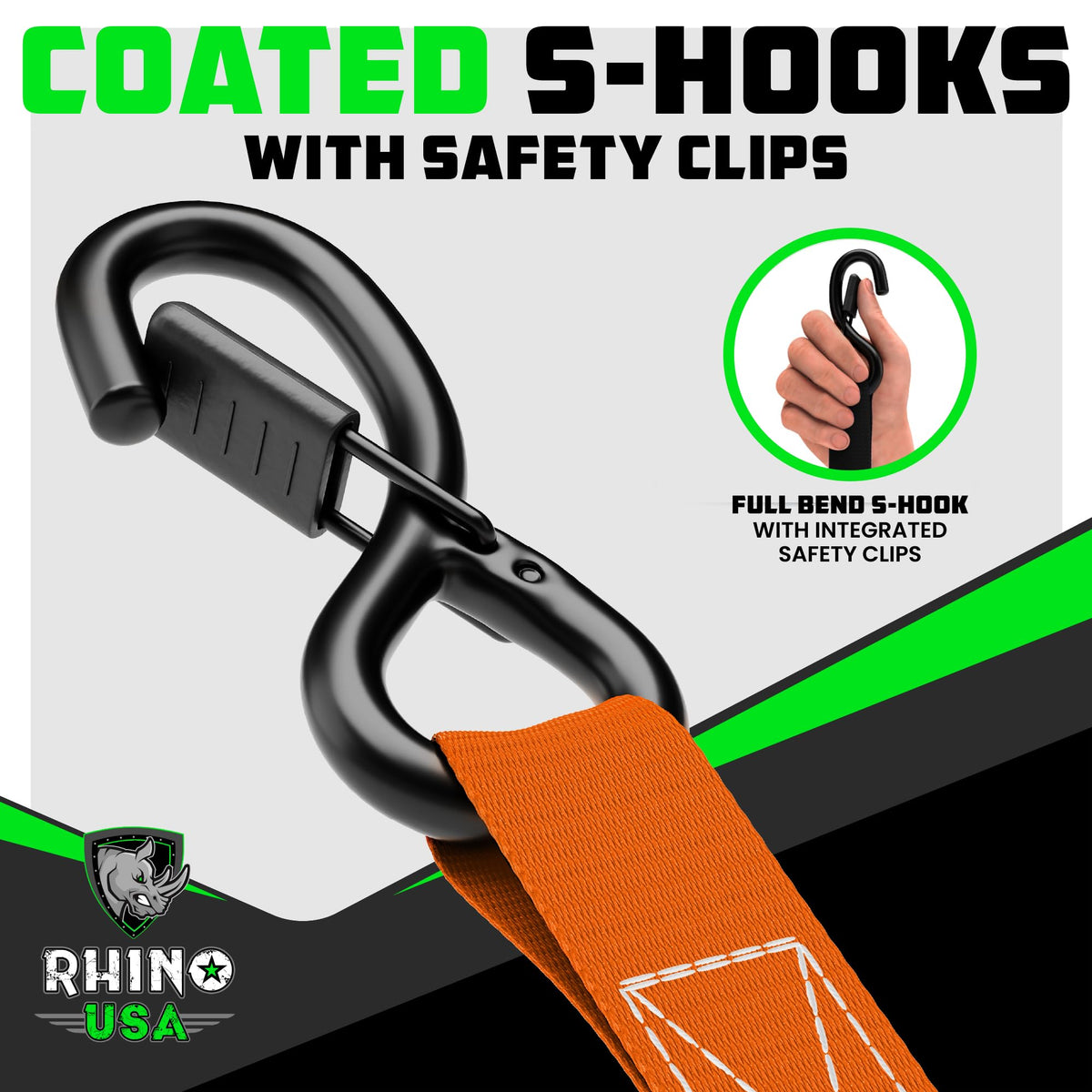 Rhino USA Ratchet Straps Tie Downs (4-Pack) - 1in x 15ft with S Hooks