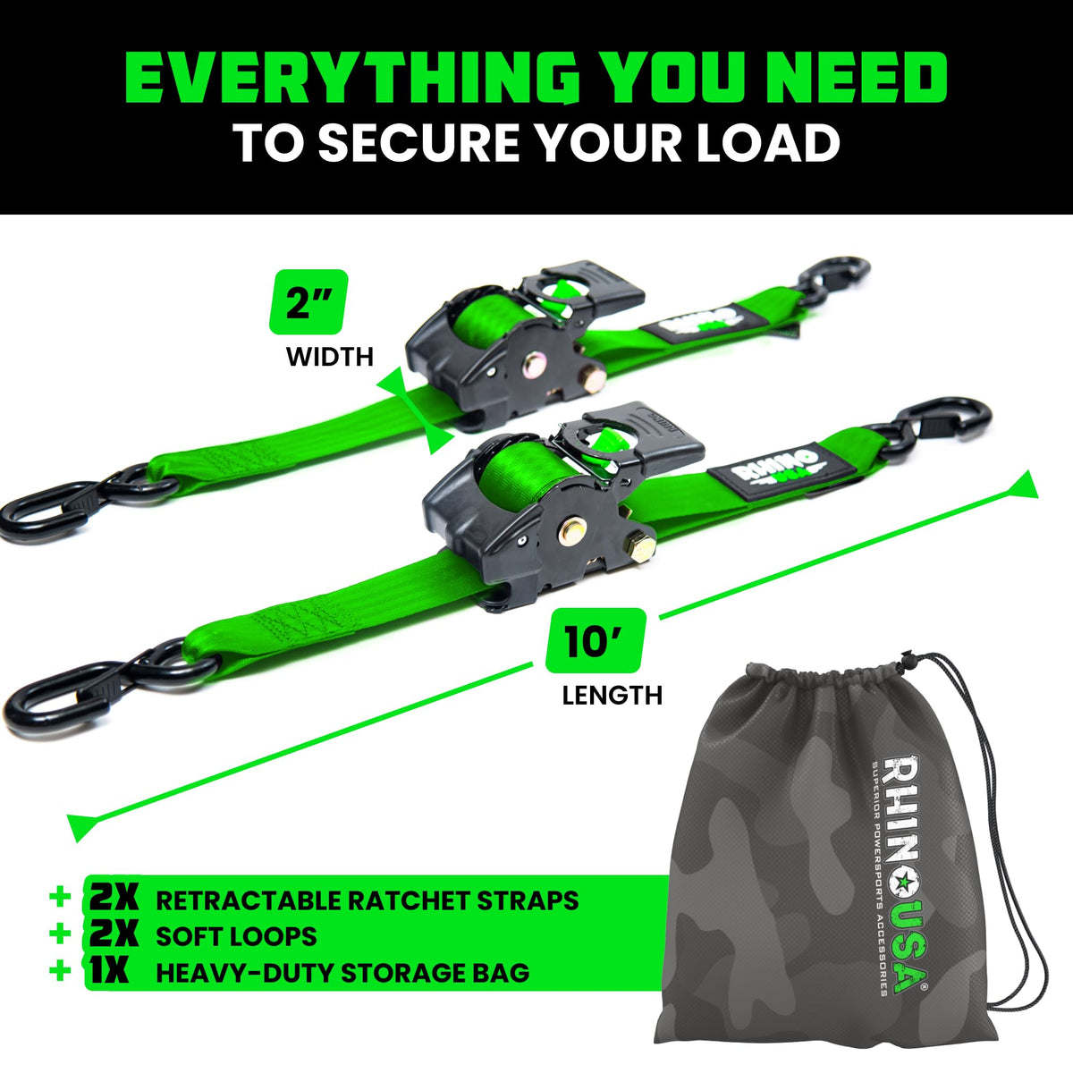 Rhino USA Retractable Ratchet Straps (2-Pack) - 2in x 10ft, 3,033lb, Black