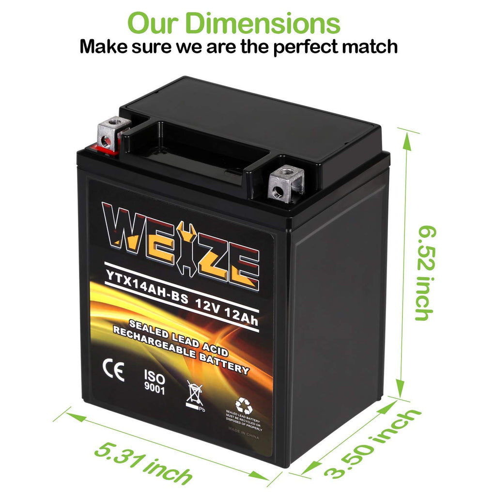 Weize YTX14 BS ATV Battery High Performance - Maintenance Free - Sealed AGM YTX14-BS Motorcycle Battery compatible with Honda Suzuki Kawasaki Yamaha scooter snowmobile