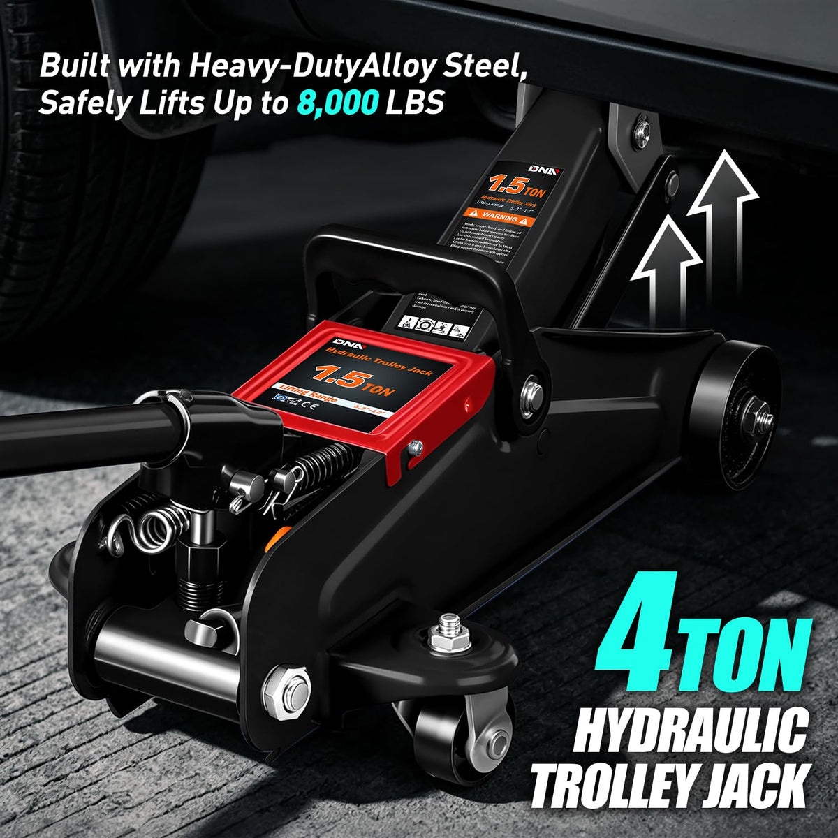 DNA Motoring TOOLS-00234 Low Profile Hydraulic Trolley Service/Floor Jack, 2 Ton (4000 lbs) Capacity, Lifting Range 5.1"-13", Black