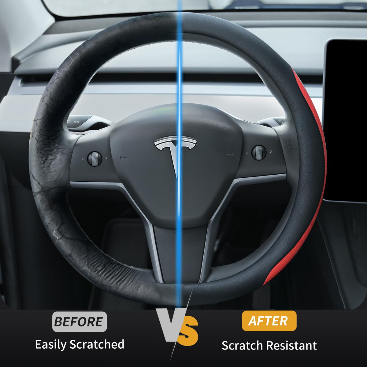Uxcer Nappa Leather Steering Wheel Cover Compatible with Tesla Model 3/Y 2016-2025 2026 Juniper/Highland, Non-Slip Breathable Model 3/Y Steering Wheel Protector, Black