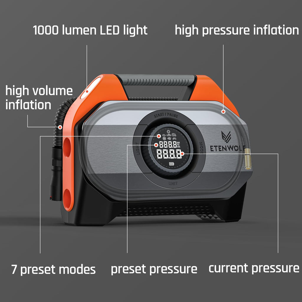 ETENWOLF VORTEX S6 Tire Inflator Portable Air Compressor, Cordless Air Pump