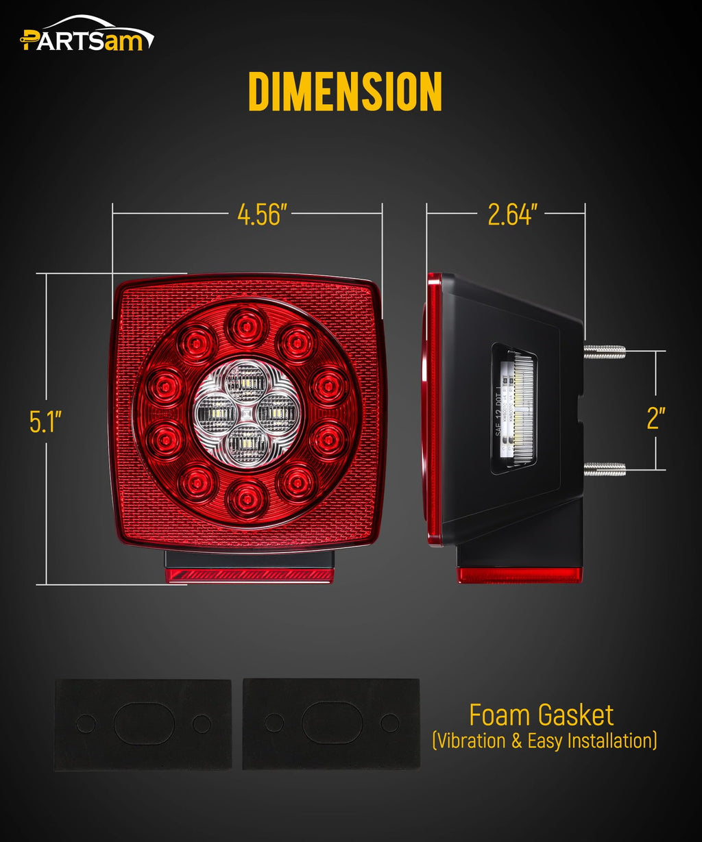 Partsam 12V Submersible Square Led Trailer Light,Red White LED Stop Turn Tail License Brake Running Light Lamp for Trailers Under 80" Boat Trailer Truck Marine Camper RV Snowmobile,IP68,DOT Compliant