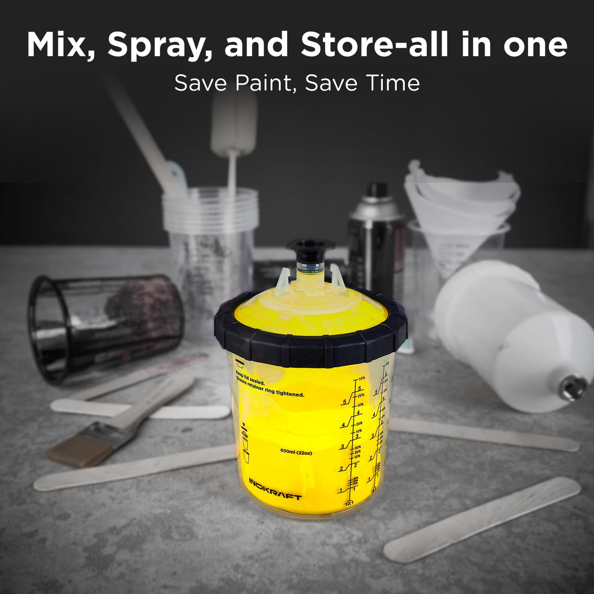 InoKraft Disposable Paint Spray Gun Cup, Paint System for HVLP and LVLP Paint Spray Paint Gun, Standard 22 Ounce (650ml) Kit with 45 Cups and Lids System, 1 Hard Cup with Retainer Ring and 20 Plugs