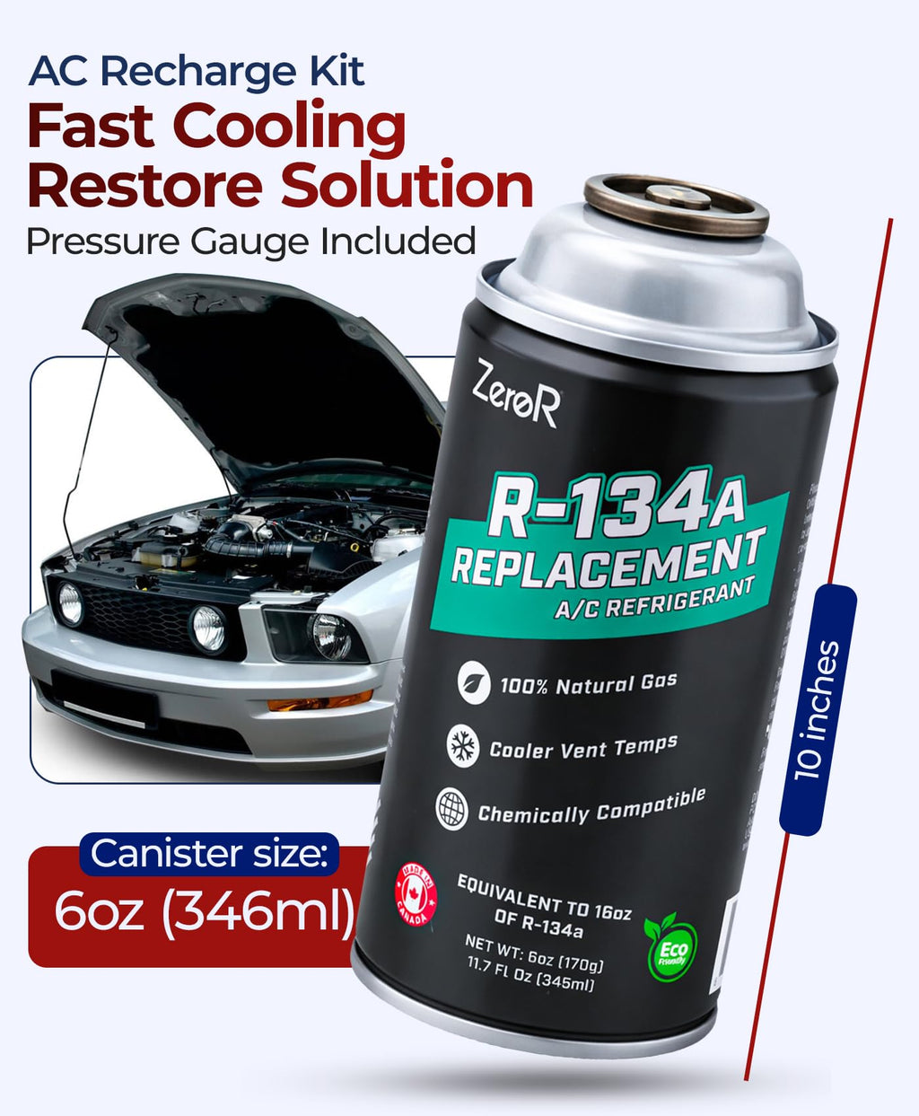 ZeroR AC Refrigerant R134a Replacement - Eco-Friendly, 100% Natural Hydrocarbon Gas - Compatible and Easy to Install with R134a A/C Recharge Systems - 3 Cans (6oz Each)