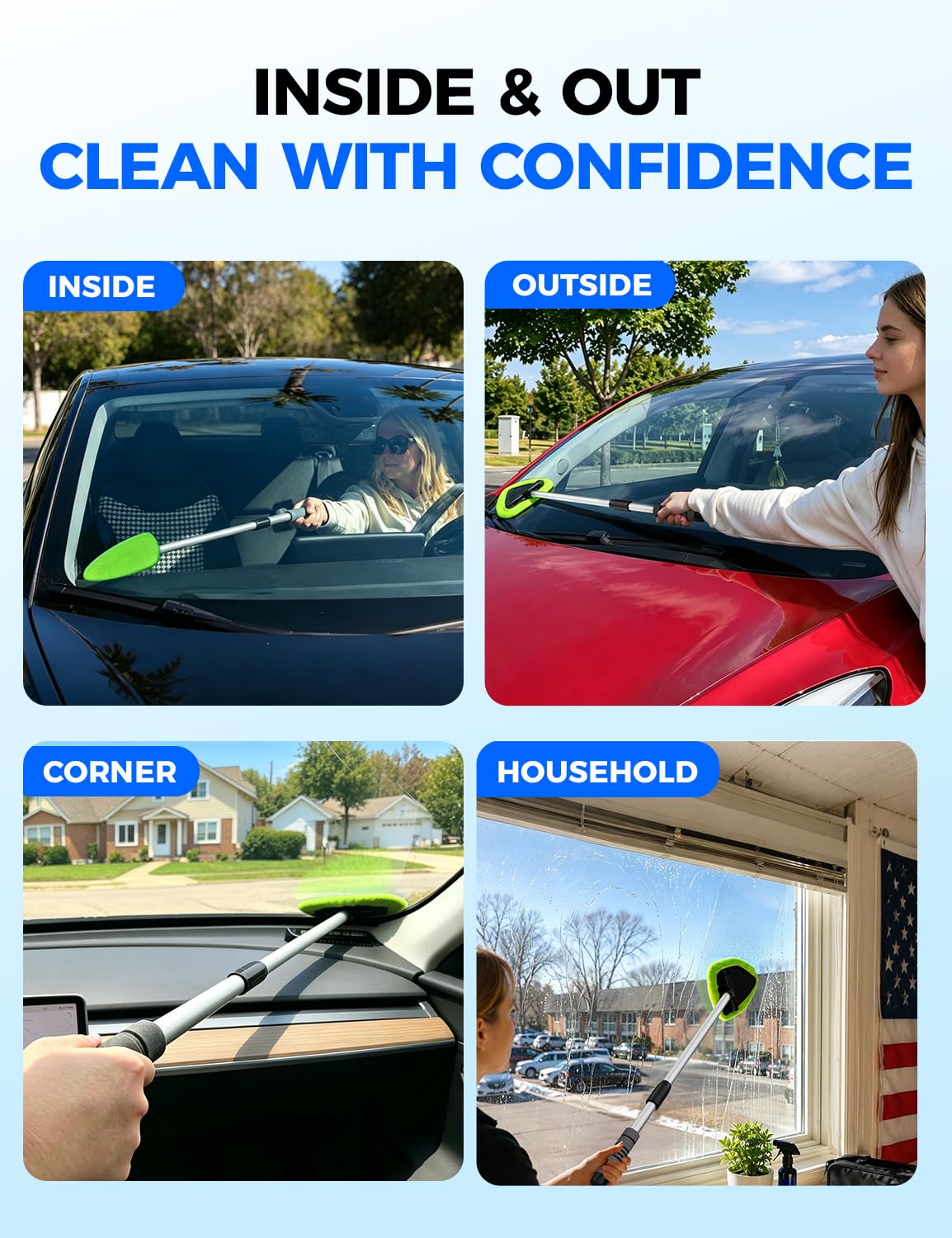 XINDELL Interior Windshield Cleaner Tool – Car Interior Window Cleaning Kit with Extendable Handle & 4 Microfiber Pads, Auto Wiper Inside Compact Windshield Brush for Car & Home Windows