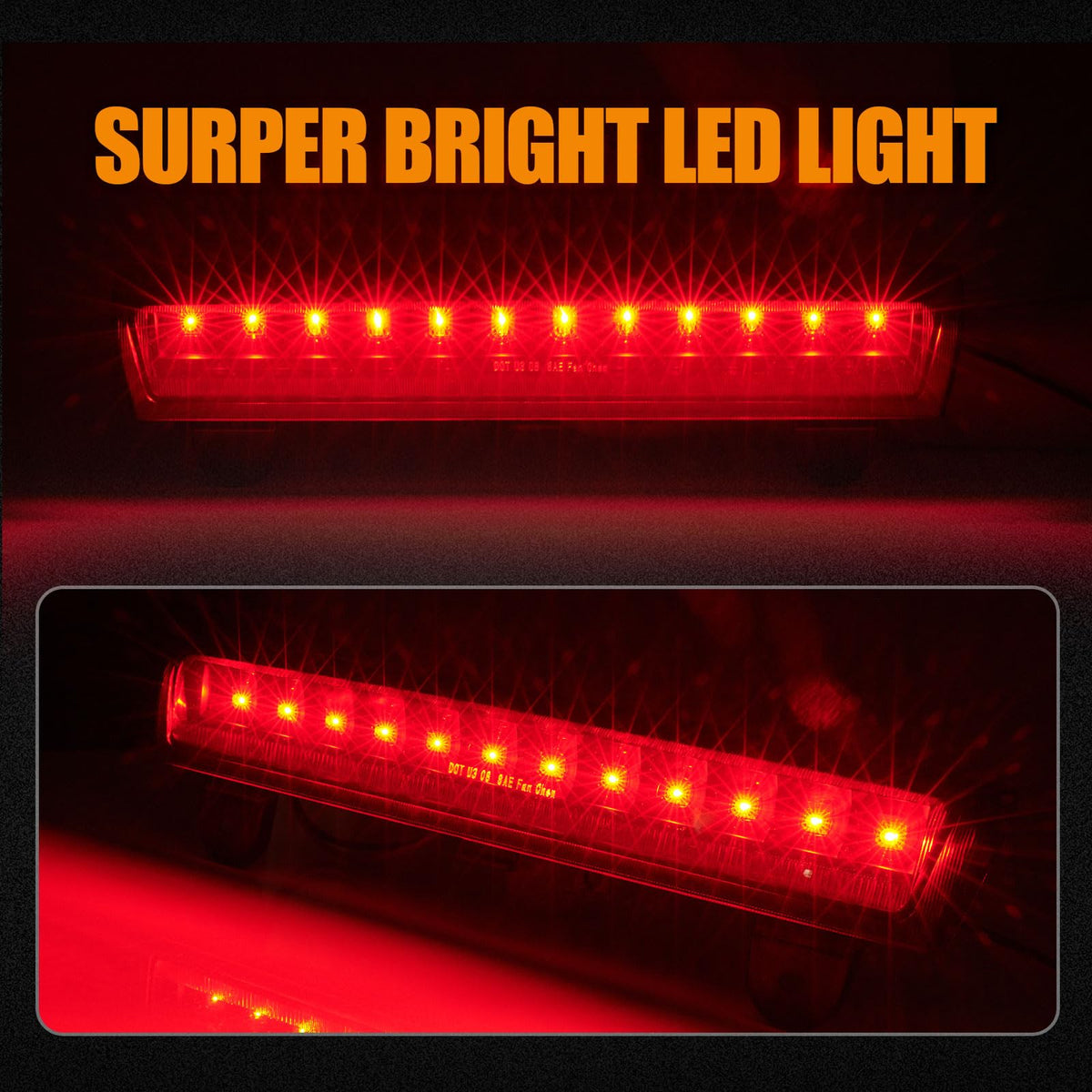 Third 3rd Brake Light, LED High Mount Stop Light for 2007-2013 Chevy Silverado/GMC Sierra 1500 2500HD 3500HD, Rear Center Cab Roof Tail Cargo Lamp, Red Lens
