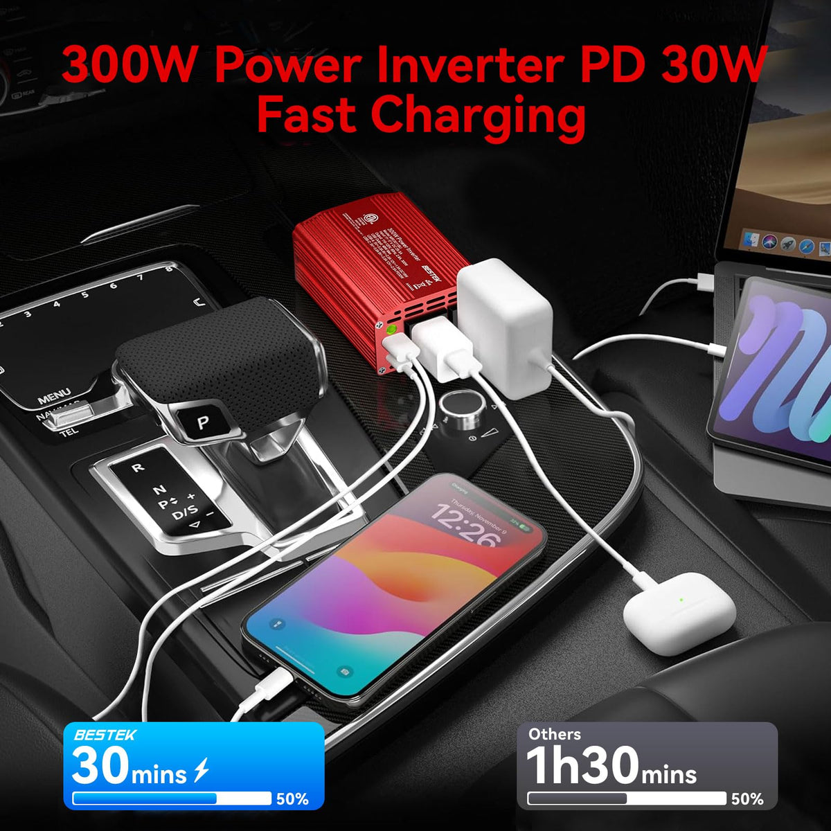 BESTEK Power Inverter DC 12-17V to AC 110V - 300W Car Plug Adapter Outlet