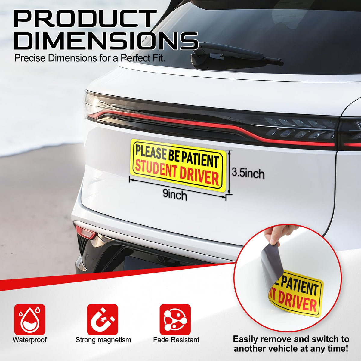 JUSTTOP 3pcs Student Driver Magnet for Car, Please Be Patient Student Driver, New Drivers Sticker Safety Warning, Magnetic Reflective Rookie Driver Bumper Sticker (Black&Red)