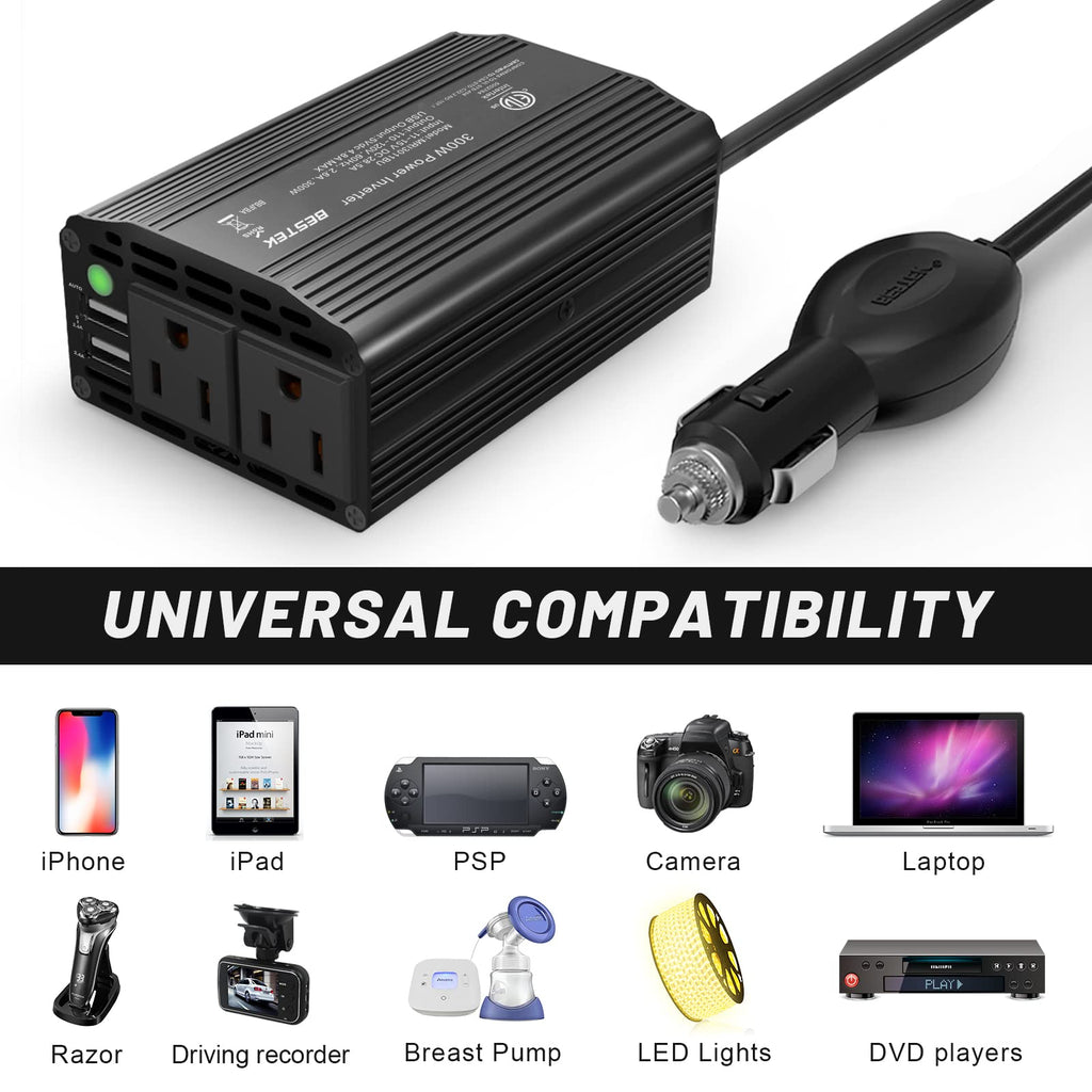 BESTEK Power Inverter DC 12-17V to AC 110V - 300W Car Plug Adapter Outlet