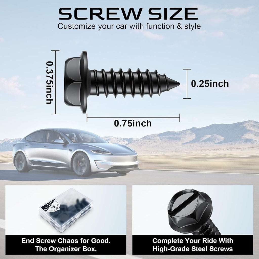 LivTee Rustproof License Plate Screws for Securing License Plates Frames and Covers on Cars and Trucks, 4 Sets Premium Stainless Steel Self Tapping Mounting Bolts (Black Zinc Plated)