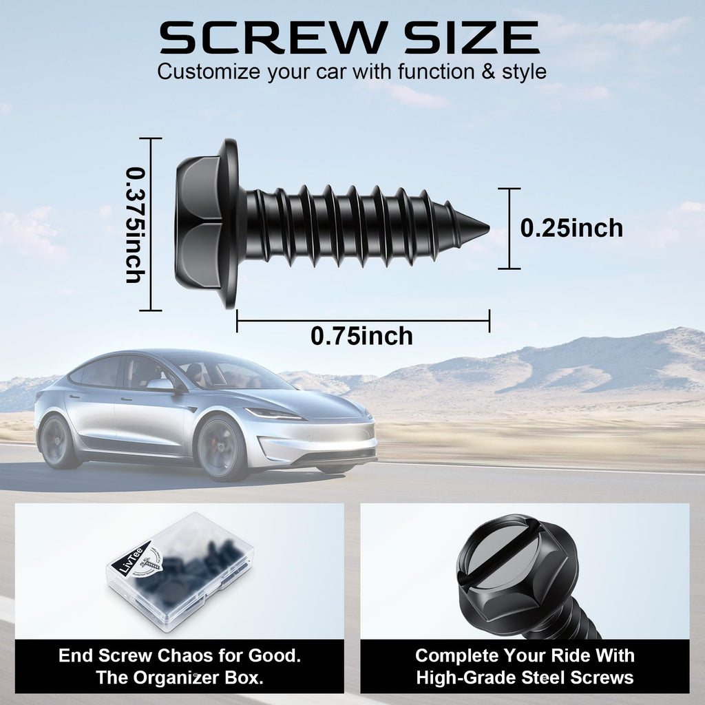 LivTee Rustproof License Plate Screws for Securing License Plates Frames and Covers on Cars and Trucks, 4 Sets Premium Stainless Steel Self Tapping Mounting Bolts (Black Zinc Plated)