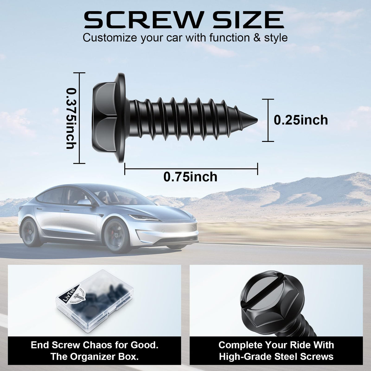 LivTee Rustproof License Plate Screws for Securing License Plates Frames and Covers on Cars and Trucks, 4 Sets Premium Stainless Steel Self Tapping Mounting Bolts (Black Zinc Plated)