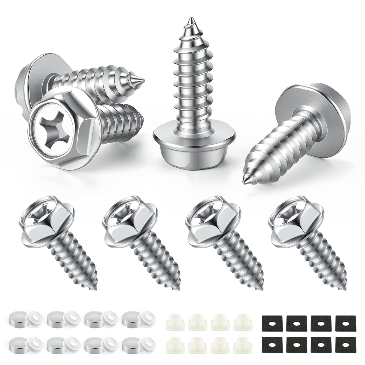 LivTee Rustproof License Plate Screws for Securing License Plates Frames and Covers on Cars and Trucks, 4 Sets Premium Stainless Steel Self Tapping Mounting Bolts (Black Zinc Plated)