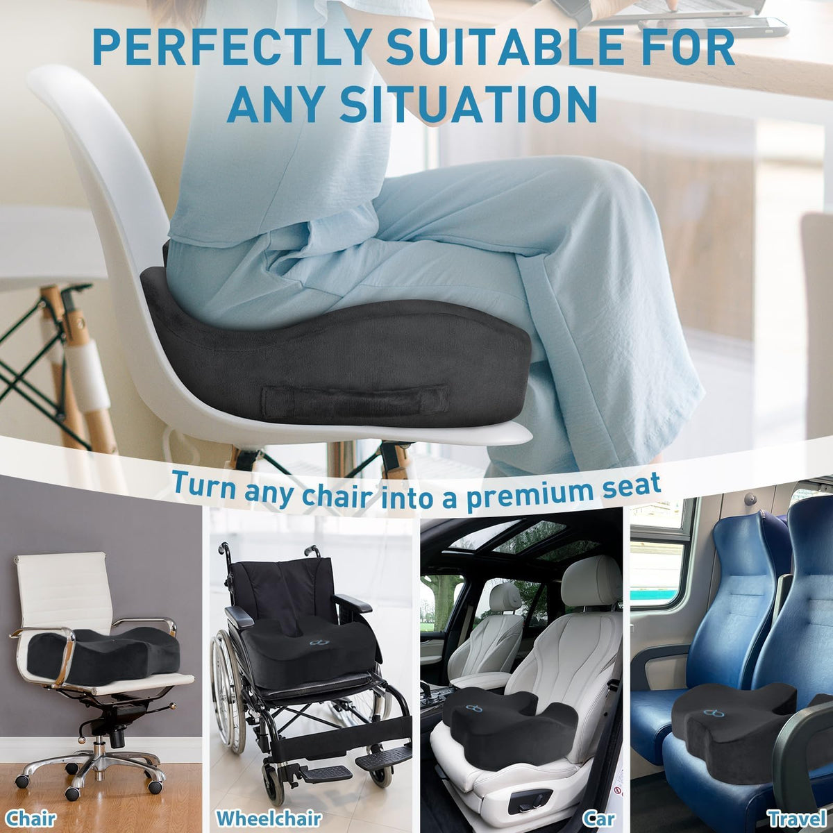 BlissTrends Memory Foam Seat Cushion for Office Chair & Car Seat, Black