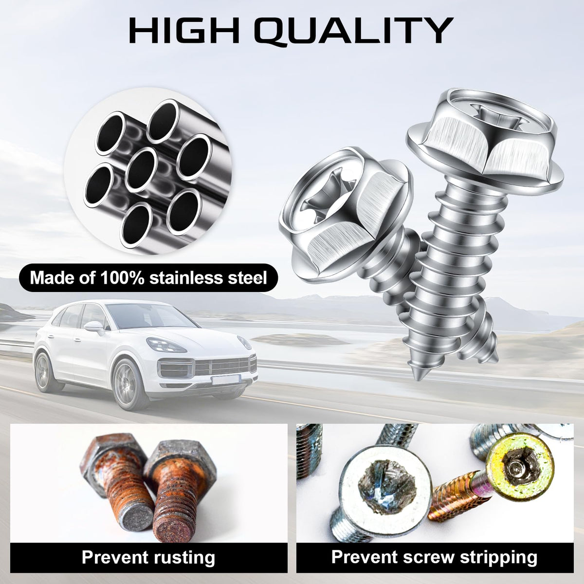 LivTee Rustproof License Plate Screws for Securing License Plates Frames and Covers on Cars and Trucks, 4 Sets Premium Stainless Steel Self Tapping Mounting Bolts (Black Zinc Plated)