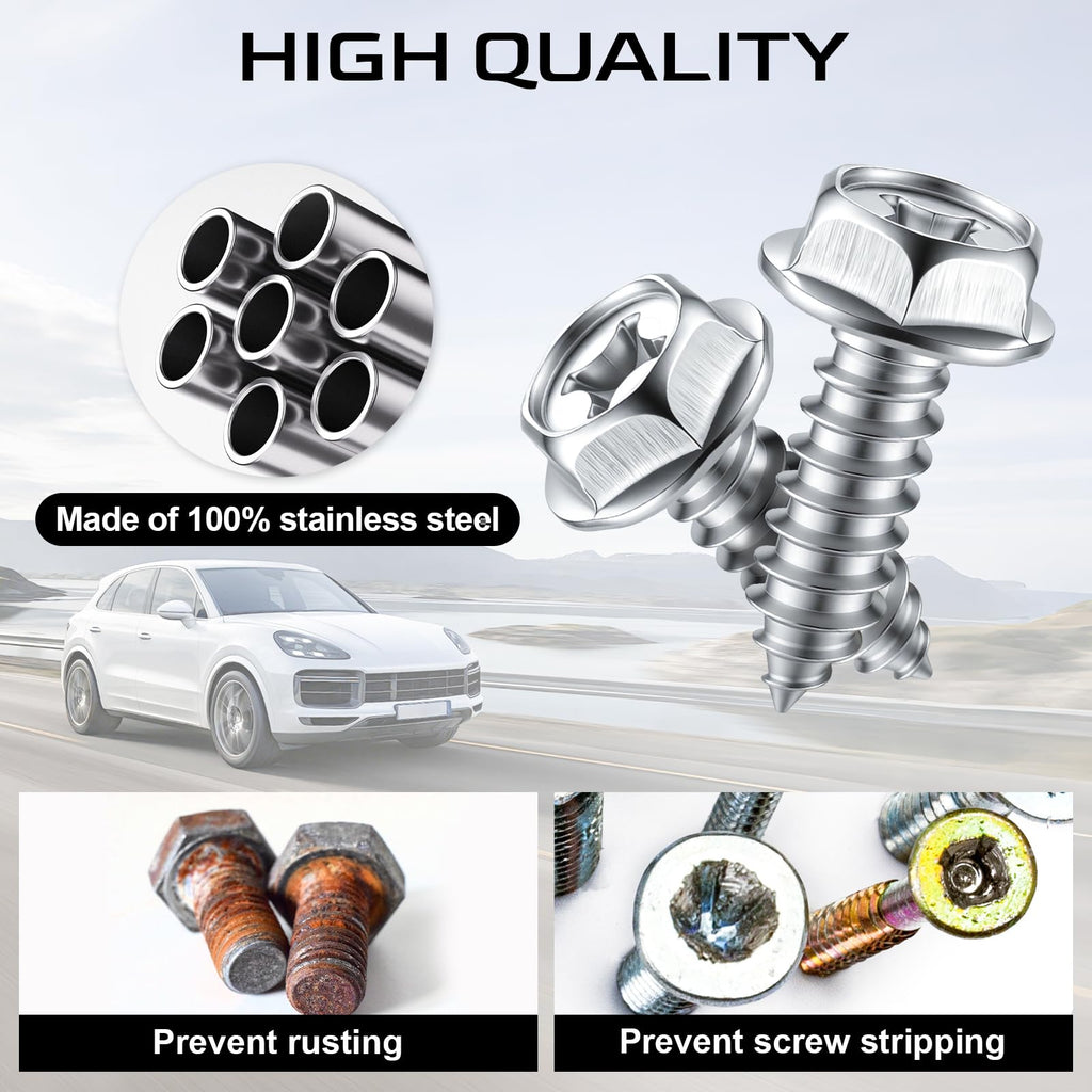 LivTee Rustproof License Plate Screws for Securing License Plates Frames and Covers on Cars and Trucks, 4 Sets Premium Stainless Steel Self Tapping Mounting Bolts (Black Zinc Plated)