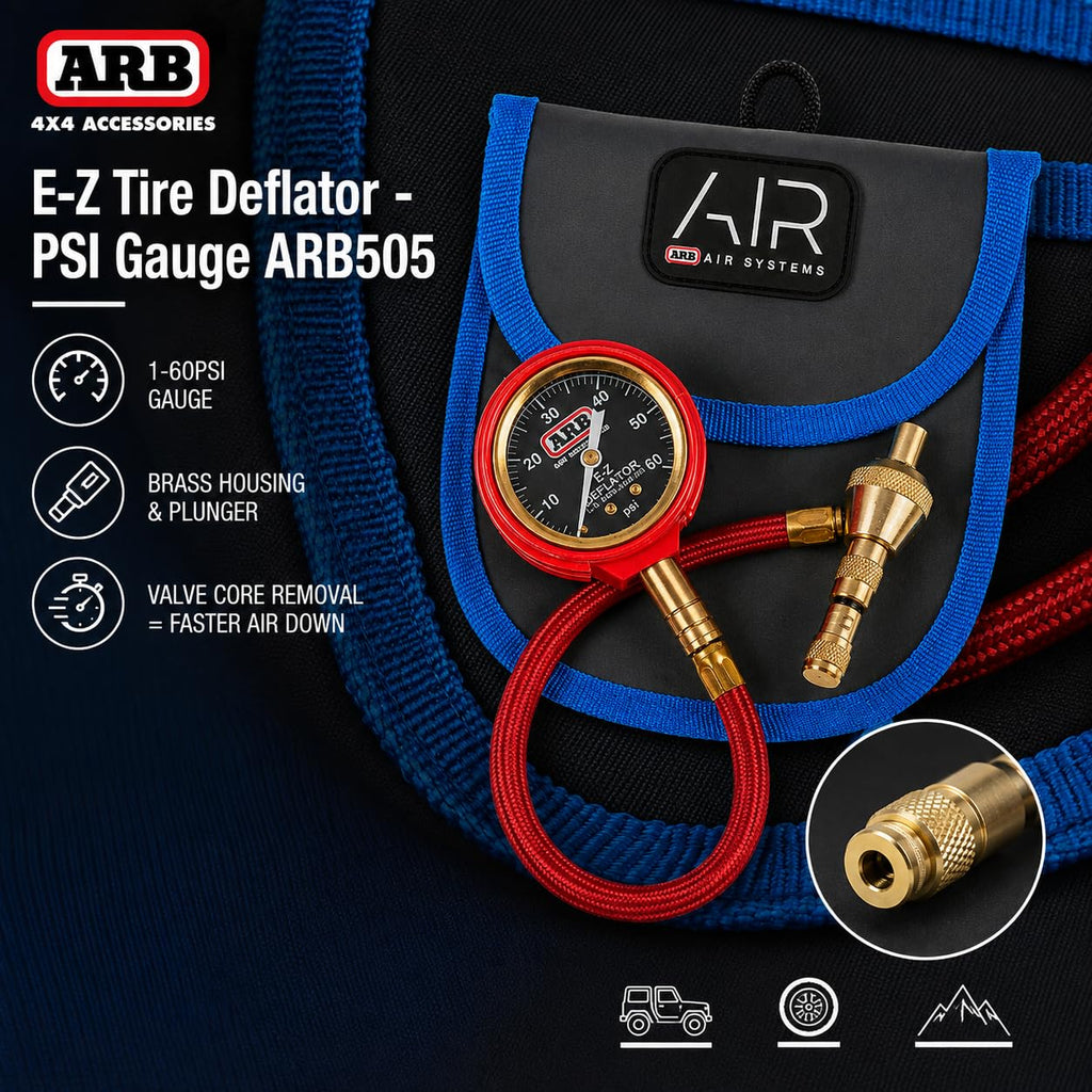 ARB ARB505 Deflator Kit 10-60 PSI Tire Pressure Gauge Rapid Air Down Offroad Kit With Recovery Gear Pouch (PSI)