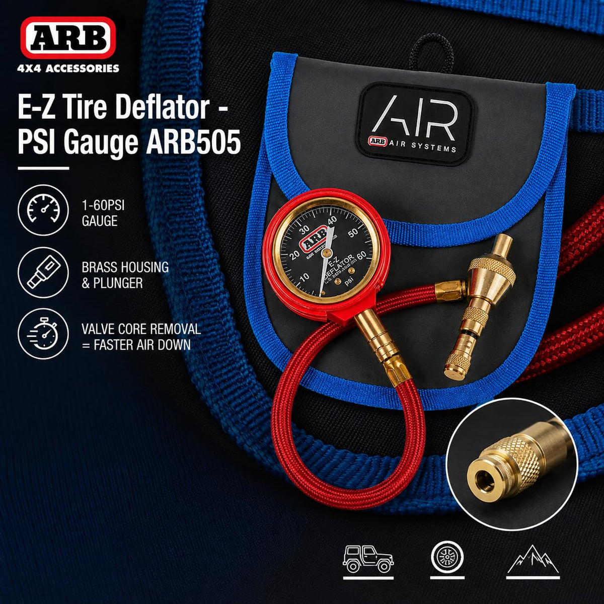 ARB ARB505 Deflator Kit 10-60 PSI Tire Pressure Gauge Rapid Air Down Offroad Kit With Recovery Gear Pouch (PSI)