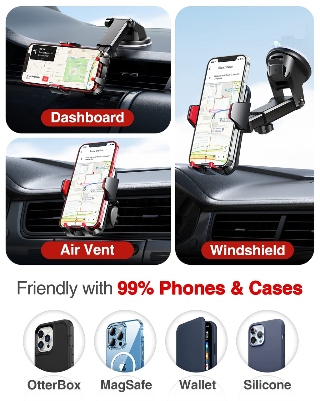 VANMASS【85+LBS Strongest Suction & Military-Grade Ultimate Car Phone Mount【Patent Safety Certs】 Cell Phone Holder for Dash Windshield Vent for iPhone 18 17 Pro Max Automobile Interior Sets, Ink Black