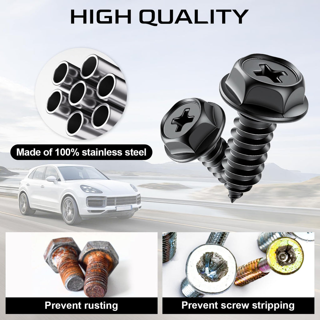 LivTee Rustproof License Plate Screws for Securing License Plates Frames and Covers on Cars and Trucks, 4 Sets Premium Stainless Steel Self Tapping Mounting Bolts (Black Zinc Plated)