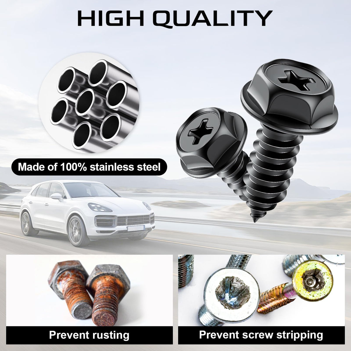 LivTee Rustproof License Plate Screws for Securing License Plates Frames and Covers on Cars and Trucks, 4 Sets Premium Stainless Steel Self Tapping Mounting Bolts (Black Zinc Plated)