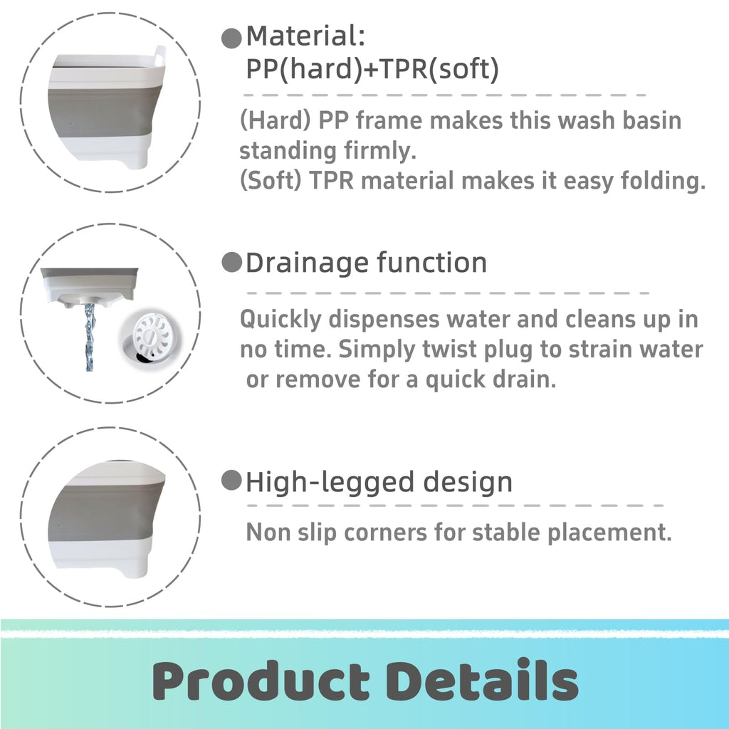 GIMWA 2.4Gal Collapsible Dish Basin with Drain Plug, Baby Bottle Wash Basin