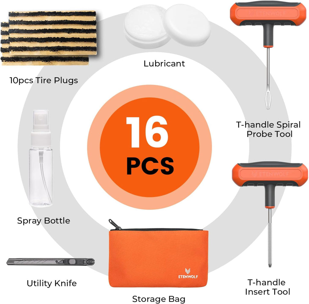 ETENWOLF Flat Tire Repair Kit with Plugs 16 Pcs, Heavy Duty Tire Plug Kit