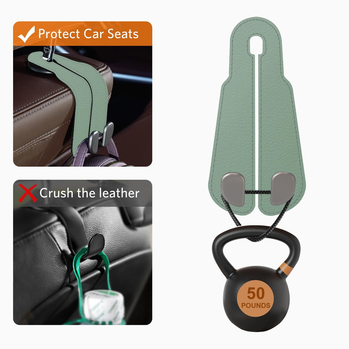 CoBak Purse Hook for Car - Universal Premium Stitched Leather and Aluminum-Magnesium Alloy Double Car Seat Back Storage Hook for Purses, Handbags, Bags (2 Pack),Black