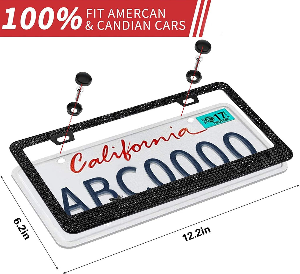 Bling License Plate Frame for Women, 1PCS Sparkly License Plate Frames| Over 1200 pcs 14 Facets Bedazzled Clear Glass Rhinestone Crystals w/Free Glitter Diamond Box (Black)