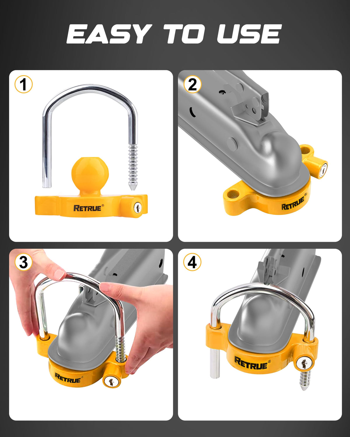RETRUE Universal Trailer Coupler Lock, Adjustable Hitch Lock, Bright Yellow
