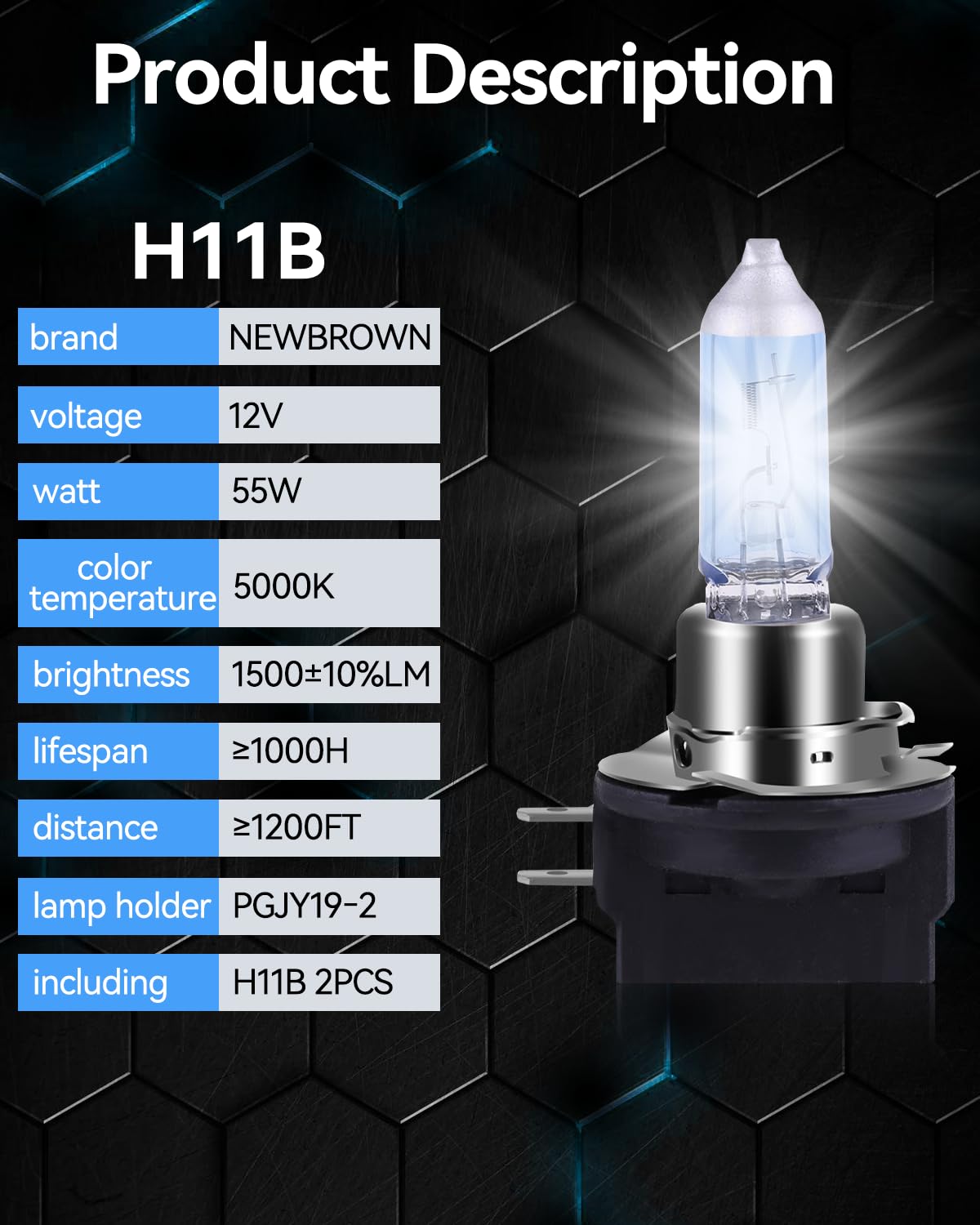 NEWBROWN H11 Headlight Bulb Halogen Fog Light Bulb Low Beam 12V 55W 5000K White Light Long Life Replacement PGJ19-2 (H11, 2 Pcs)