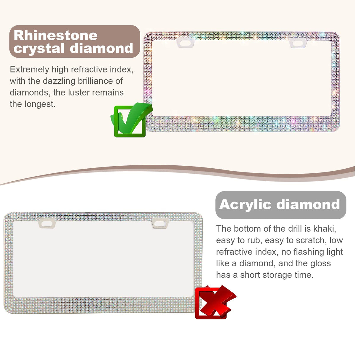 QUANQIUFEI 2 Pack Bling License Plate Frames for Women, Sparkly Rhinestone Diamond Car Accessories with Glitter Crystal Caps (Black)