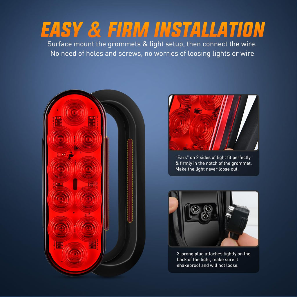 Nilight 6" Oval LED Trailer Tail Lights,Red, 2 Pack, Grommets Mount