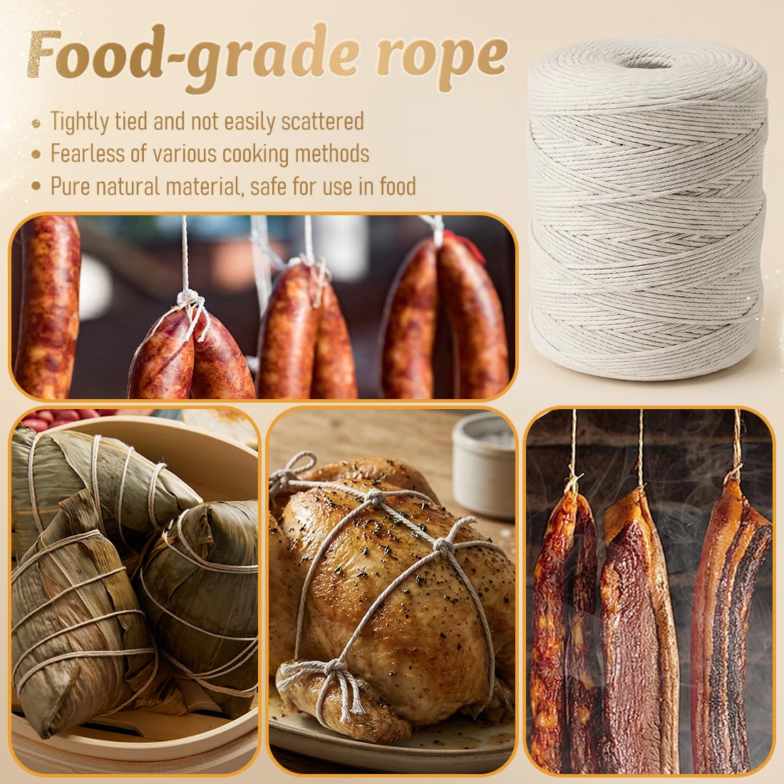 SMART&CASUAL 700 Feet 100% Cotton Butcher Twine String 2mm Food-Grade Cooking Twine for Kitchen Roasting Turkey Sausage Meat Prep Baking Crafts Crocheting Gift Wrapping Gardening
