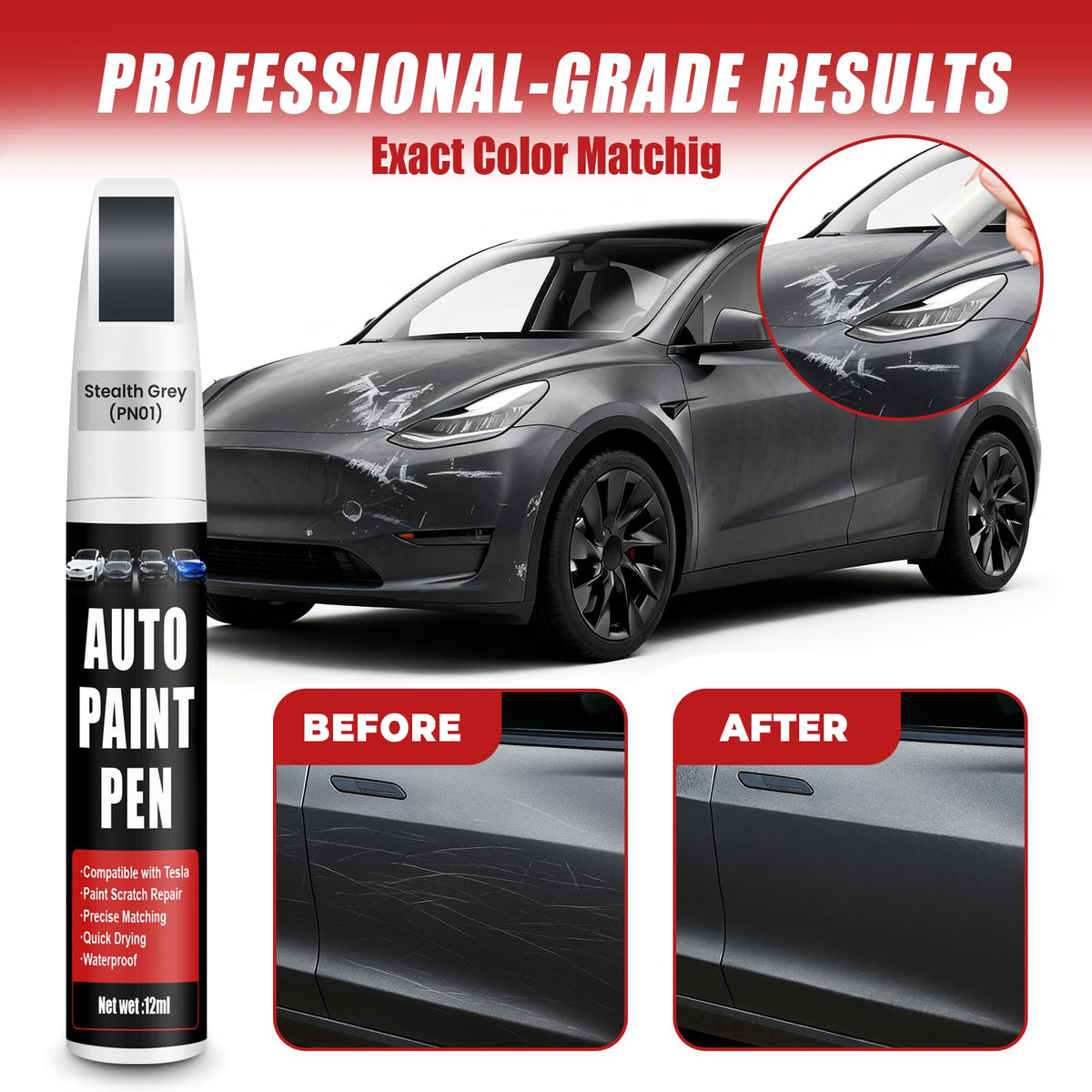 Touch Up Paint for Cars (Pearl White Multi-Coat PPSW), Compatible with Tesla Model Y/3/X/S, 0.4 fl oz Color Accurate 2-in-1 Car Paint Scratch Repair Pen, Easy to Use, Fast-Drying, Long-Lasting