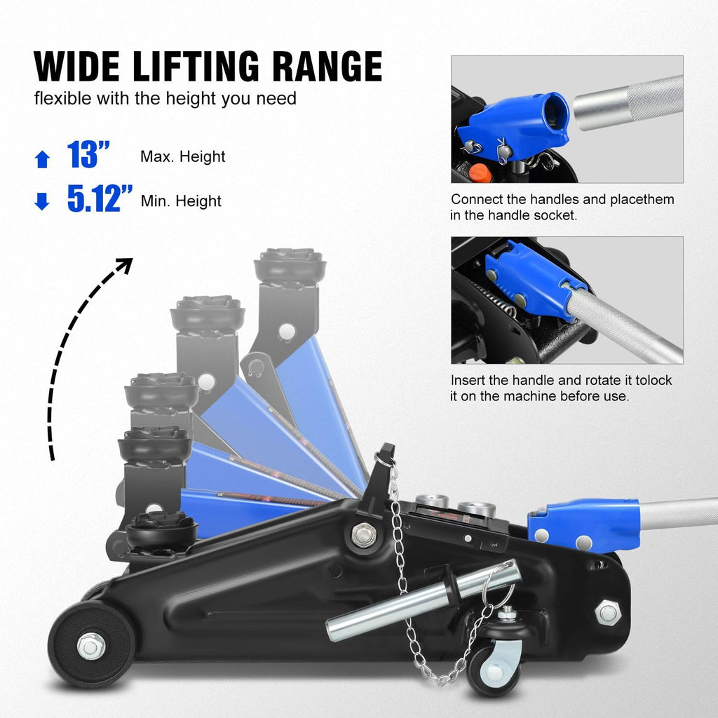 DNA Motoring TOOLS-00234 Low Profile Hydraulic Trolley Service/Floor Jack, 2 Ton (4000 lbs) Capacity, Lifting Range 5.1"-13", Black