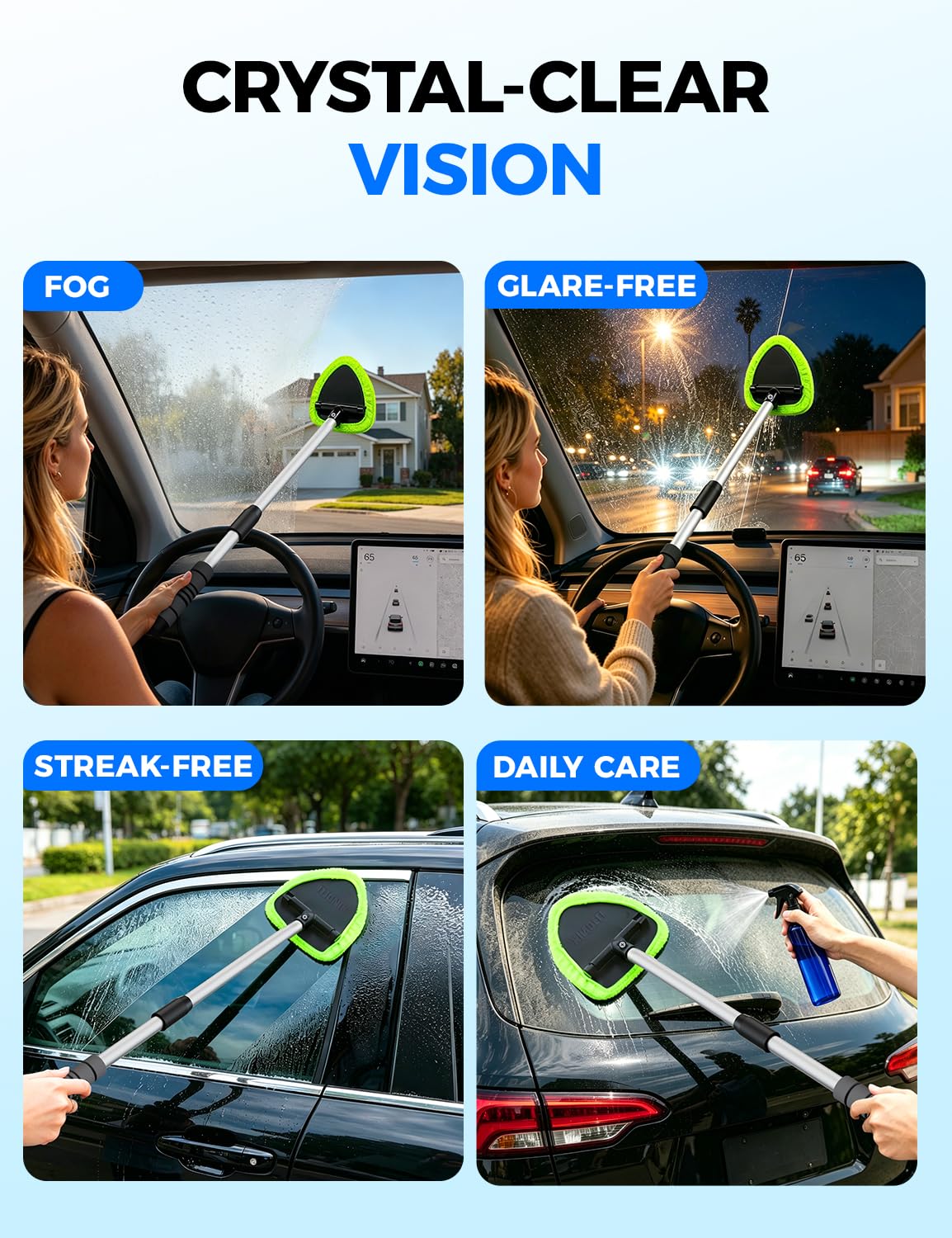 XINDELL Interior Windshield Cleaner Tool – Car Interior Window Cleaning Kit with Extendable Handle & 4 Microfiber Pads, Auto Wiper Inside Compact Windshield Brush for Car & Home Windows