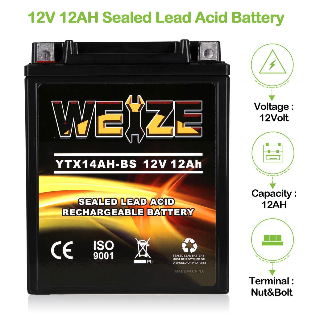 Weize YTX14 BS ATV Battery High Performance - Maintenance Free - Sealed AGM YTX14-BS Motorcycle Battery compatible with Honda Suzuki Kawasaki Yamaha scooter snowmobile