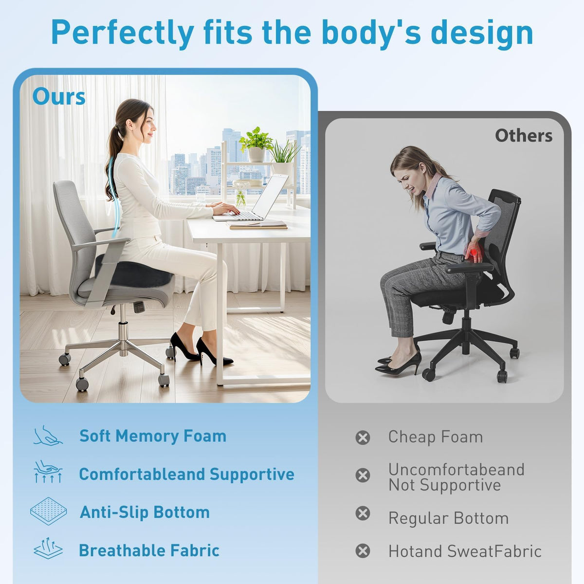 BlissTrends Memory Foam Seat Cushion for Office Chair & Car Seat, Black