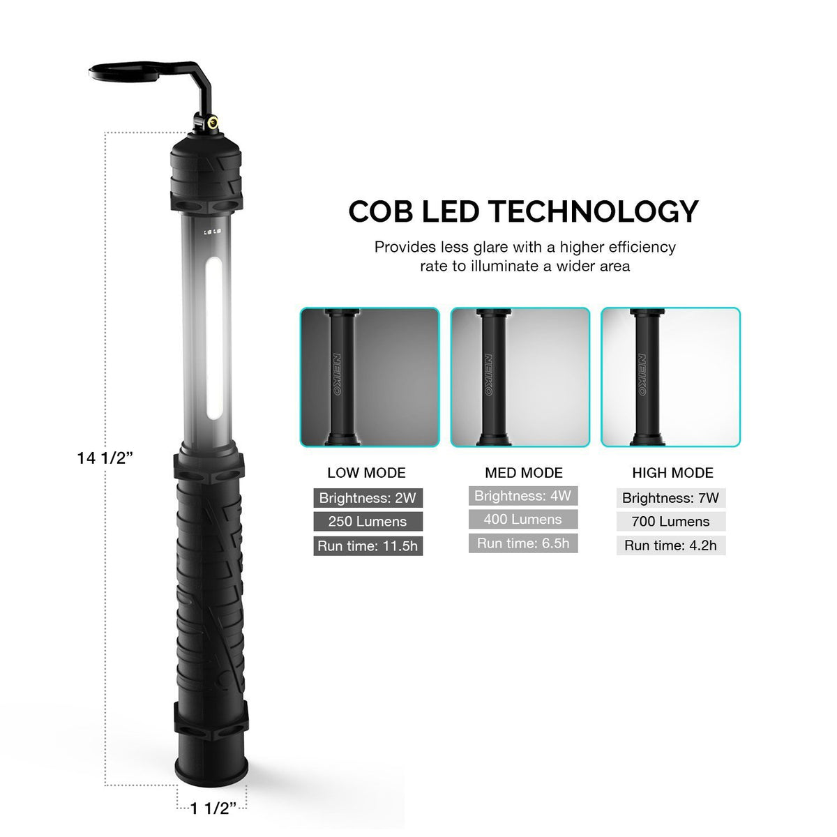 NEIKO 40339A Cordless COB LED Work Light with Rechargeable 4,400-mAh Li-ion Battery, Up to 11.5 Hours of Run Time, and Max Brightness of 1000 Lumens, Black