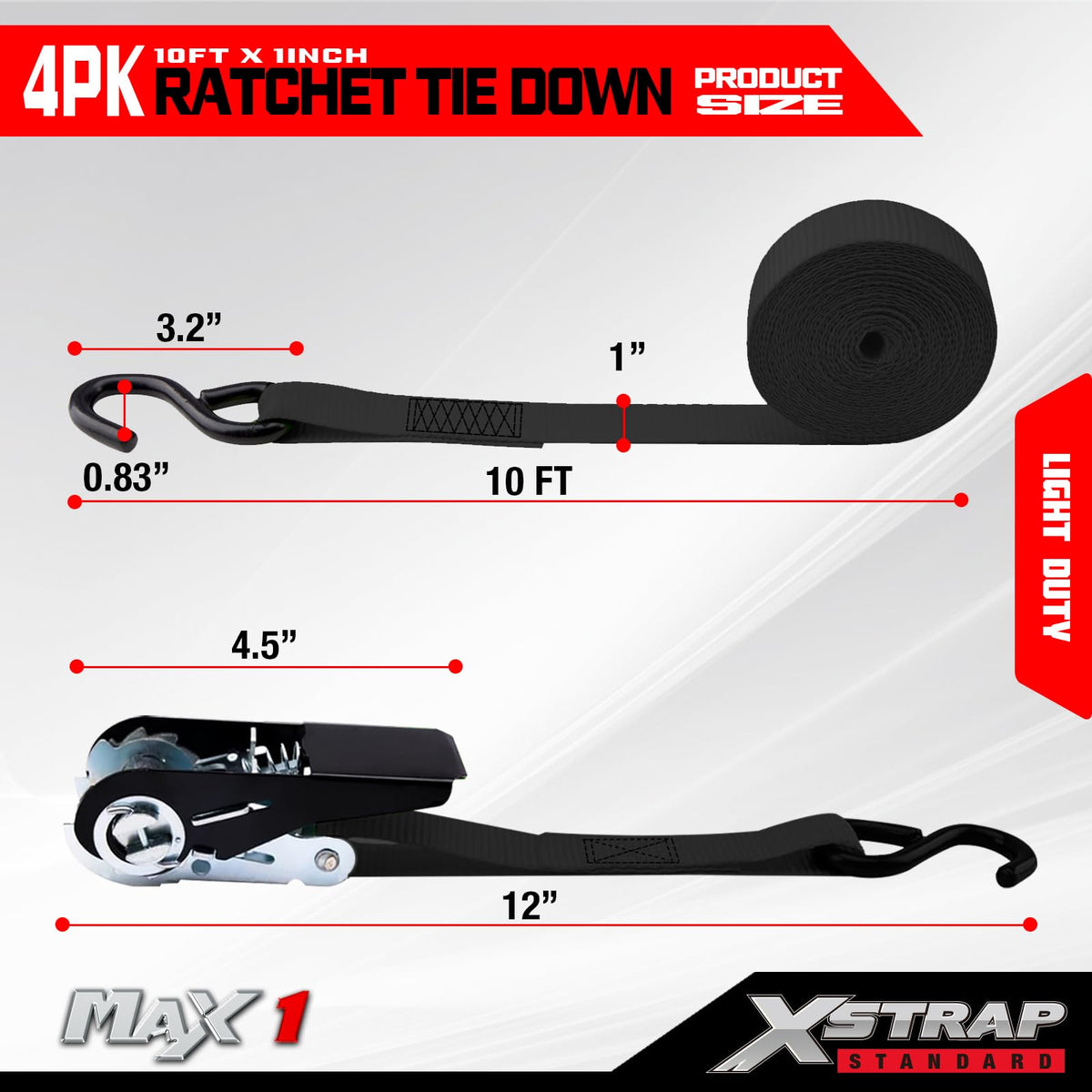XSTRAP STANDARD 8-PK Ratchet Tie Down Straps, 1" x 10FT Cargo Straps, Black