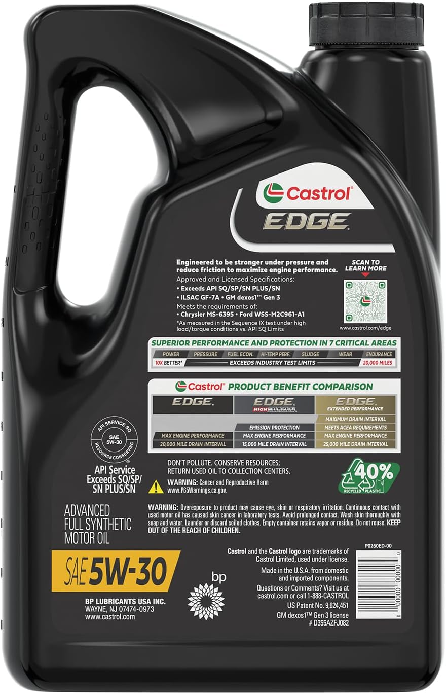 Castrol EDGE 5W-30 Advanced Full Synthetic Motor Oil, 5 Quarts