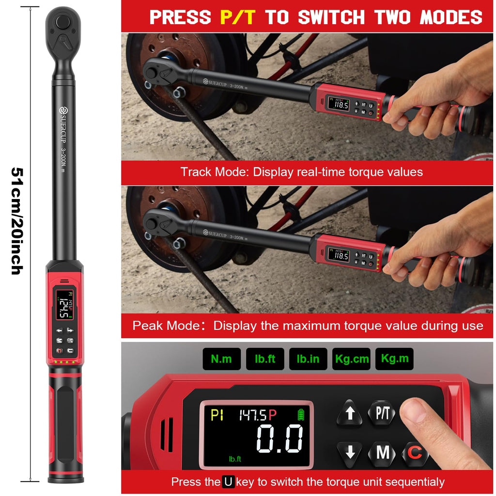 SUERCUP 1/2" Digital Torque Wrench, 2.2-147.5Ft.Lb/3-200N.m, ±1% Accuracy