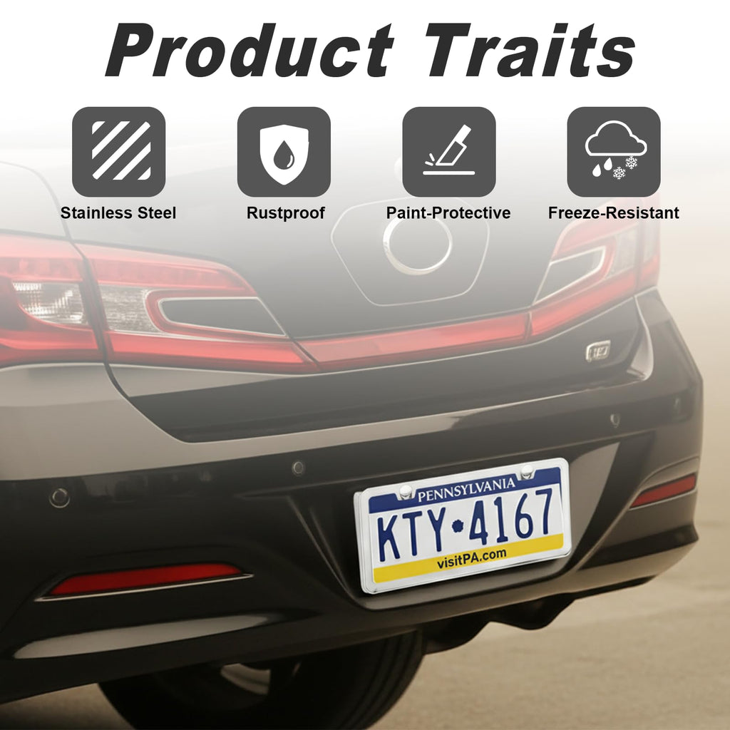 2 Pack Black License Plate Frames - Heavy Duty Stainless Steel Car License Plate Frame with 4 Holes, Rattle Proof Rustproof with Mounting Screws & Caps for Front Rear Cars