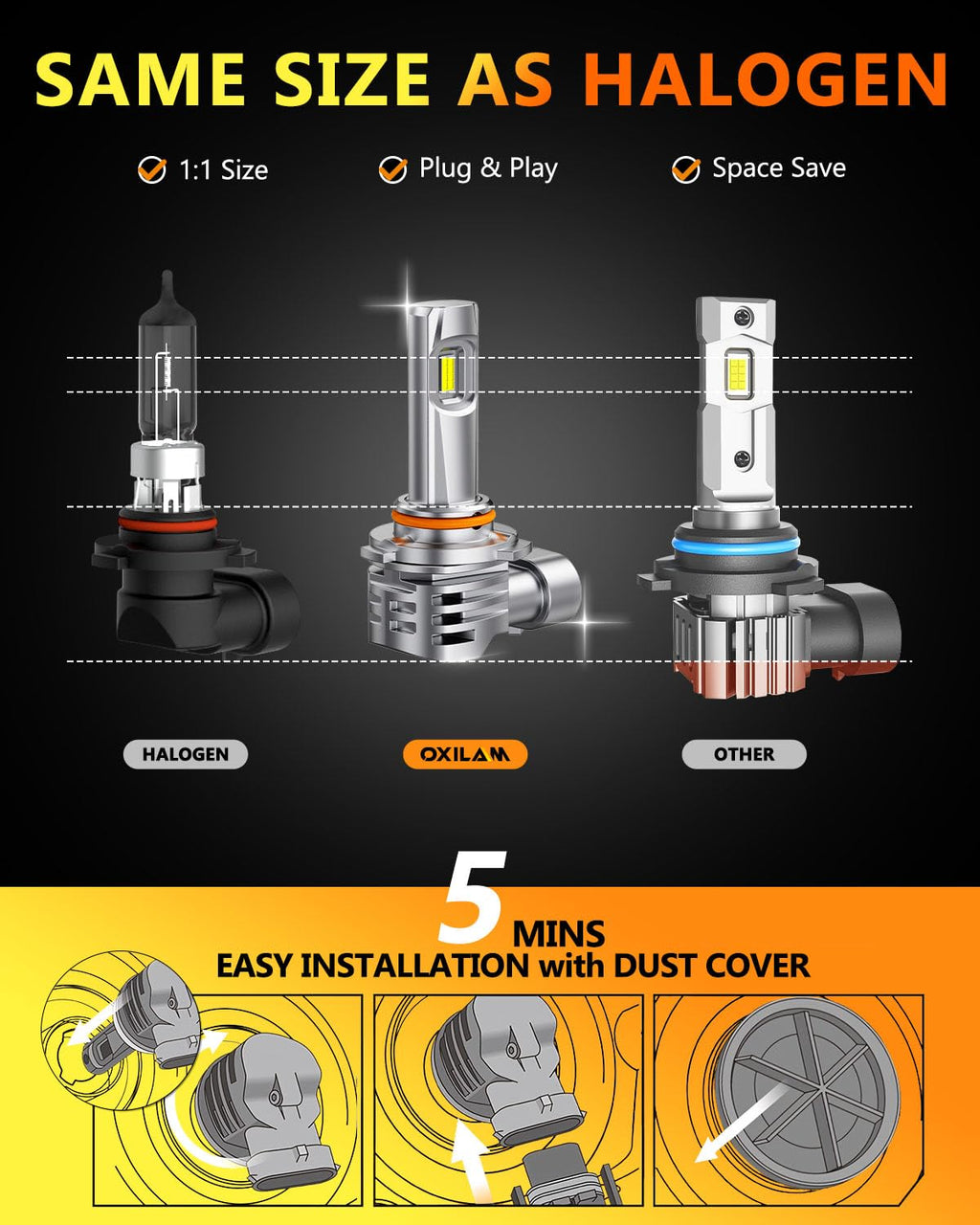 OXILAM H11 9005 Light Bulbs Combo, 320000lm 1800% Brighter 6500K Cool White Light, 1:1 Size H11/H9/H8 9005/HB3 Fog DRL Light Halogen Replacement, Pack of 4