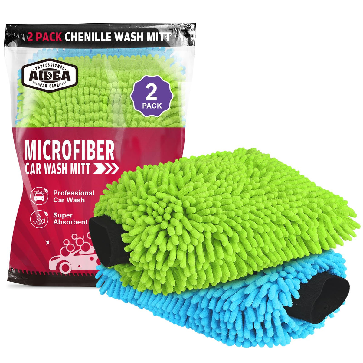 AIDEA Car Wash Mitt Microfiber-2PK, Car Wash Brush, Green, 7.12''X10.14''