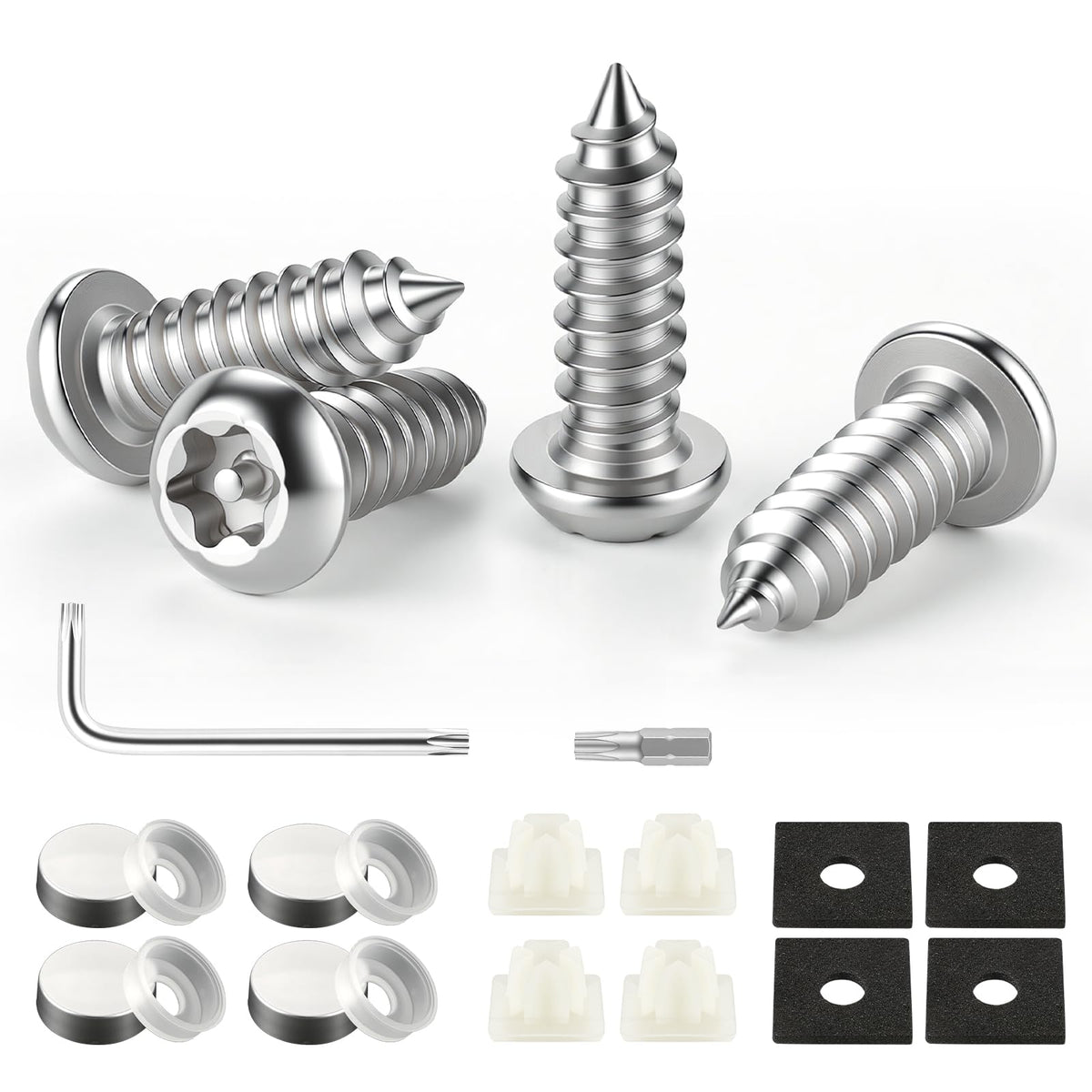 LivTee Rustproof License Plate Screws for Securing License Plates Frames and Covers on Cars and Trucks, 4 Sets Premium Stainless Steel Self Tapping Mounting Bolts (Black Zinc Plated)